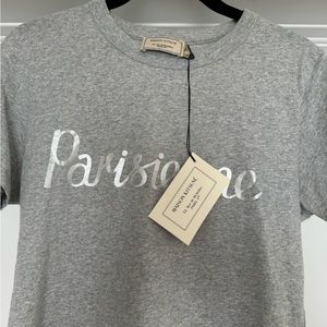 RARE VINTAGE NWT Maison Kitsune women’s Small Parisienne shirt. Silver on Grey.